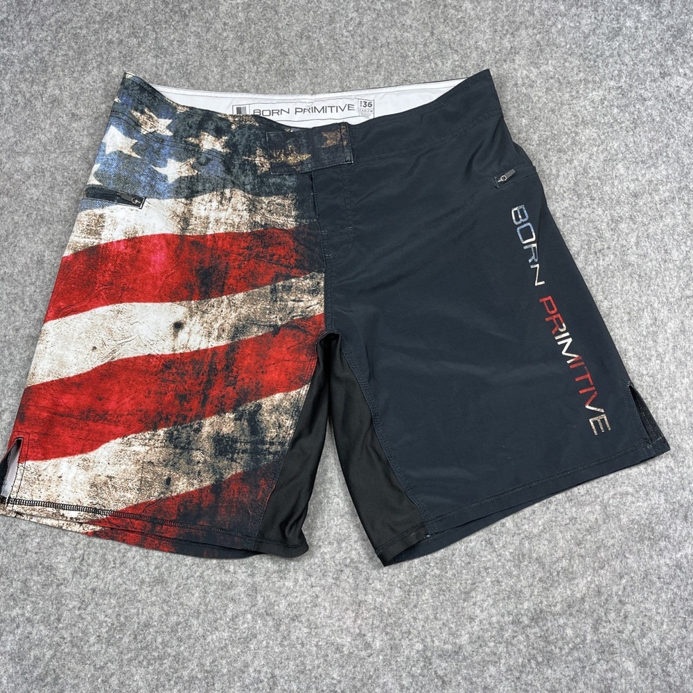 Born Primitive Shorts Mens 36 Black American Flag Board Training Zip Pockets
